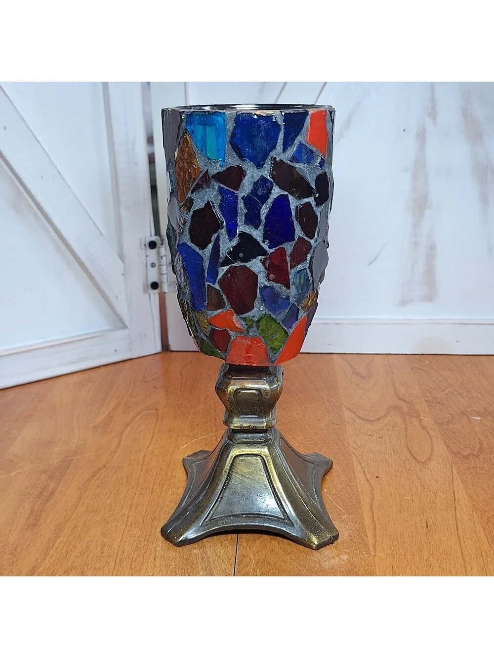 VTG Mosaic Stained Glass Bronze Pedestal Base Candle Holder 8.5